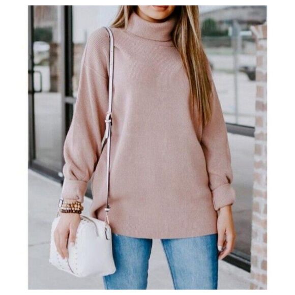 Free People Sweater Pink Mauve Oversized Turtleneck Ribbed Boho Size X-Small - Picture 3 of 12